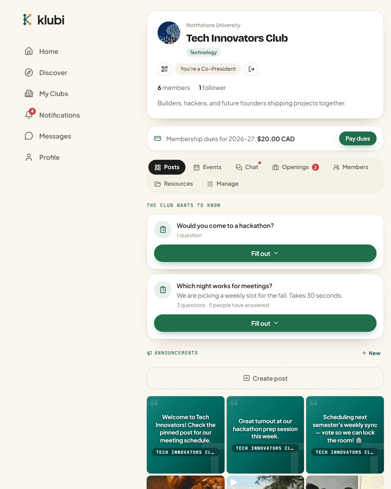 A club's page on Klubi: its posts, upcoming events and members